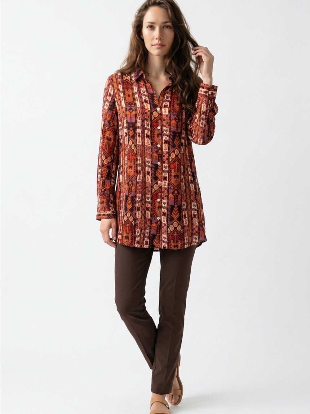 Jane & Delancey Women’s Tunic Top Size M Orange Purple Aztec Geometric Button